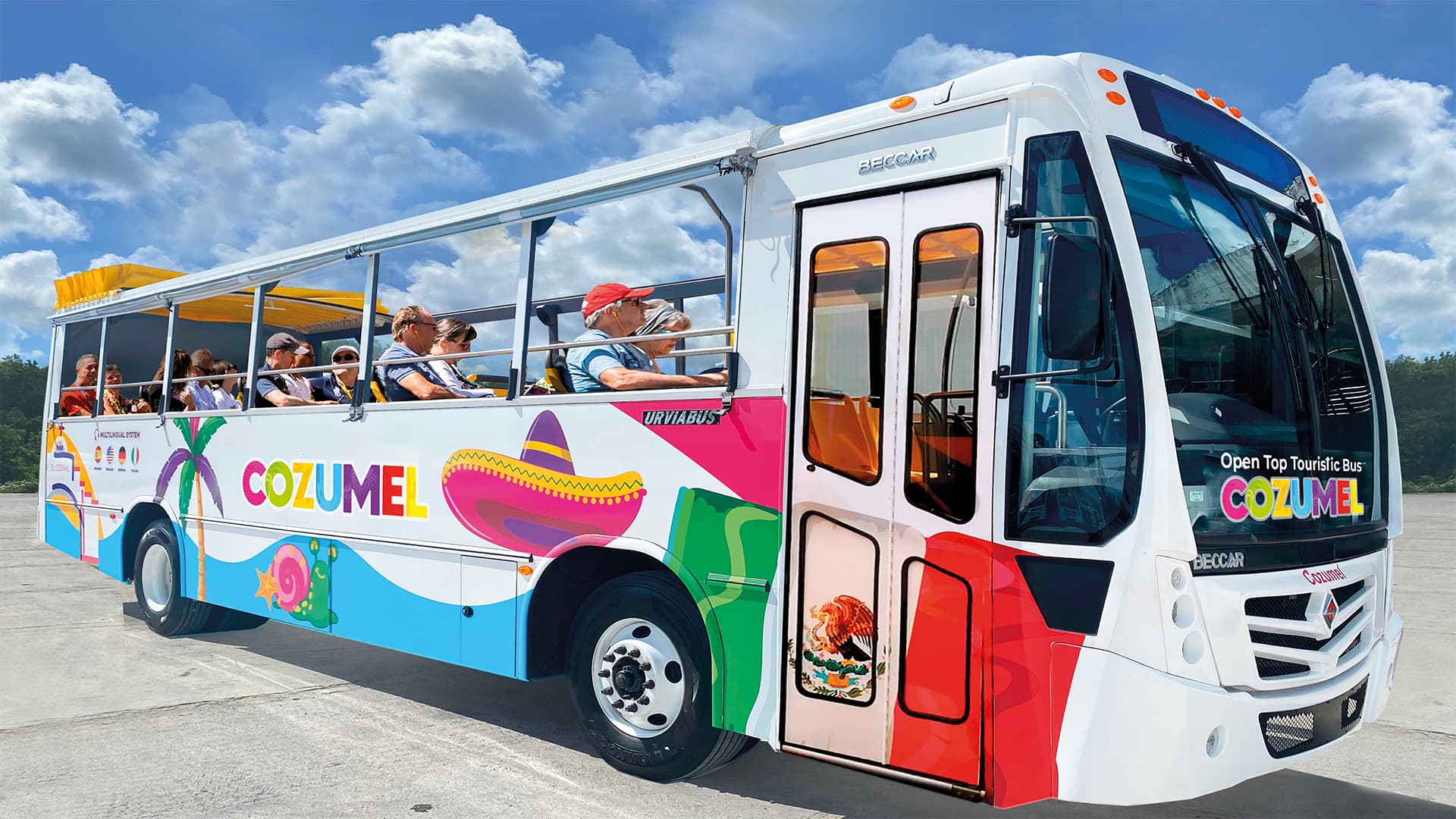 open top tourist bus with beach club cozumel